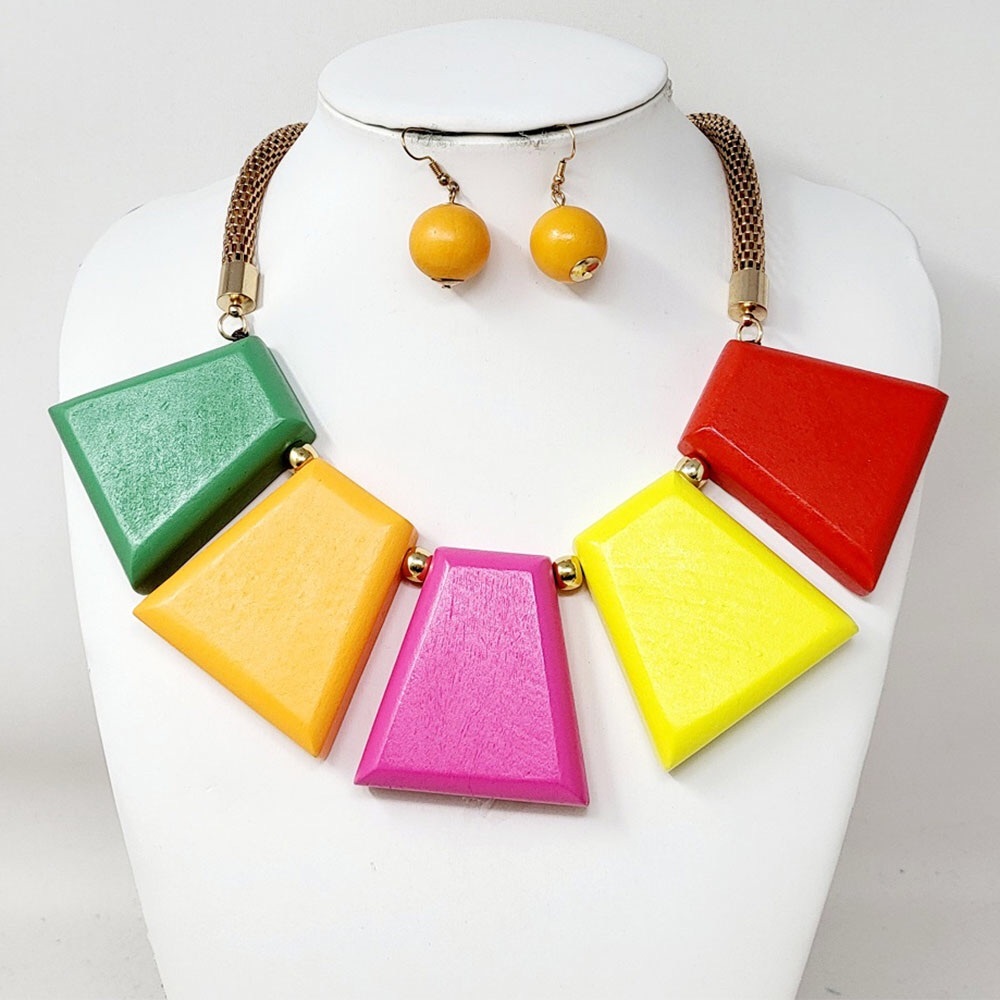 Multicolored Wood Geometric Abstract Statement Necklace Set